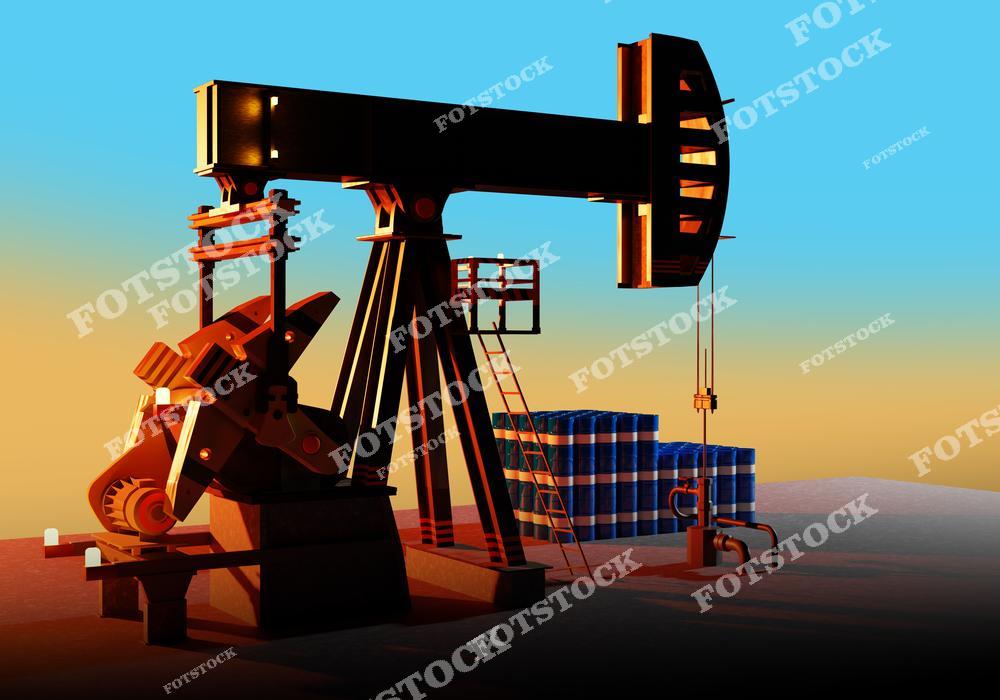 На изображении представлена нефтяная качалка, освещённая тёплым светом, с расположенными рядом бочками. Голубой и оранжевый фон подчёркивает контраст между технологией и природой. Фотография иллюстрирует ключевой процесс нефтедобычи в энергетической отрасли.